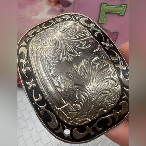 Vintage Silver with black enameled beautifully etched womens belt buckle